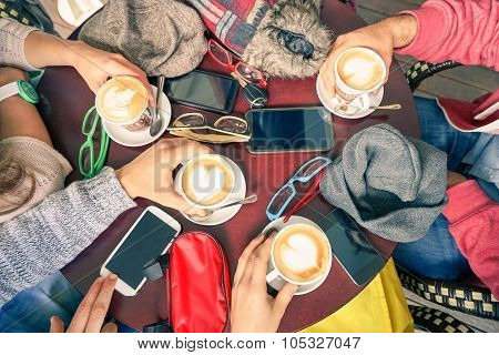 Group Of Friends Drinking Cappuccino At Coffee Bar Restaurants - People Hands With Smartphones