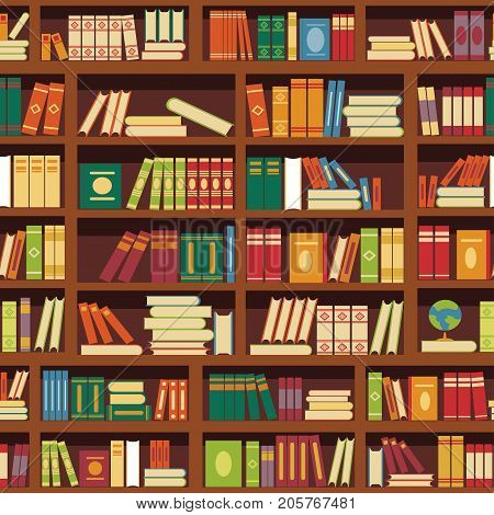 Library book shelf seamless pattern of literature books color covers and magazines on retro bookshop bookshelf. Vector background tile