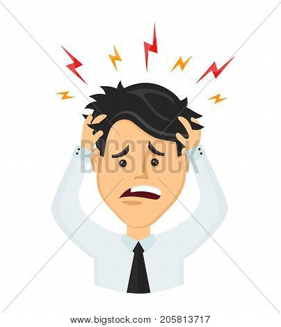 Vector flat man businessman with a headache, compassion fatigue, disease of the head, an office worker holding his head. migraine, health problems and pain head, stress work, tired, suffer, emotion