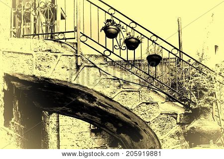 Area of old restored Jaffa in Israel. Ancient stone porch in Arabic style in Old Jaffa Tel Aviv. Vintage style toned picture