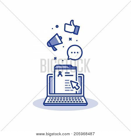 Social network concept, web page and laptop, thumbs up and megaphone, social media marketing, content management, personal profile, online communication, public relations, site development vector icon