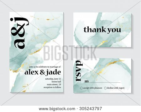 Set Of Wedding Ink Liquid Card With Typography. Wedding Invitation Concept. Tender Mint Gold Poster,