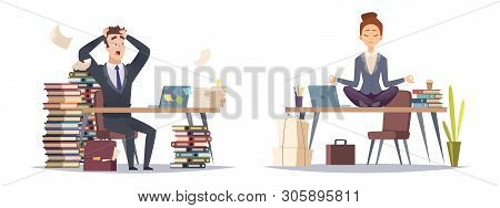 Deadline Panicked Businessman And Organized Business Woman. Two Type Of Businesspeople Vector Concep