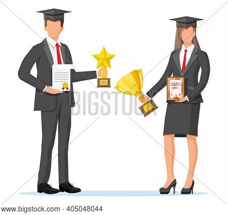 Successful Businesswoman And Man Holding Trophy And Showing Award Certificate, Celebrates Victory. B