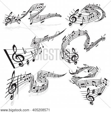 Music Waves, Vector Musical Notes And Treble Clef On Curvy Stave. Melody Sounds Symbols, Musical Not