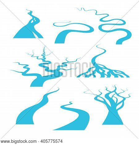 Meandrous River Beds In Perspective, Wobbling River, Bending Stream Or Creek, Various Rivers Vector 