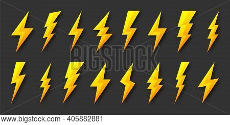 Yellow Lightning Bolt Icons Collection. Flash Symbol, Thunderbolt. Simple Lightning Strike Sign. Vec