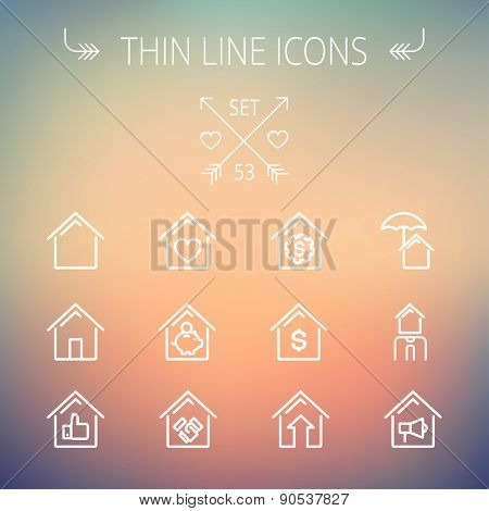 Real estate thin line icon set for web and mobile. Set includes- housing loan, mortgage, contoured house, saving, house insurance, broker, house alarm icons. Modern minimalistic flat design. Vector