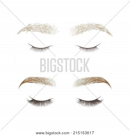 Eyebrows desing and eyelashes extension. Set of well-groomed and shaggy eyebrows. Before and after the care. Closed eyes with long eyelashes. Vector illustration