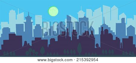 City Skyline Vector Illustration. Urban Landscape. Blue City Silhouette. Cityscape In Flat Style. Mo