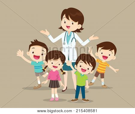 Woman Doctor With Kids Happy