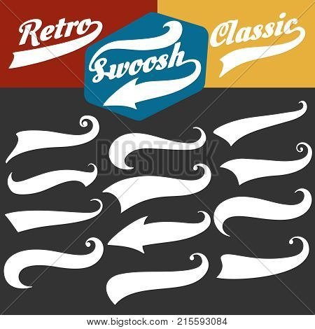 Swoosh tails. Retro sports swash decorative elements for baseball or strike banners and tshirts vector set