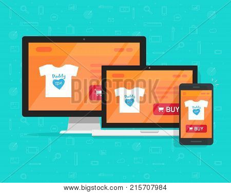 Responsive internet shop design, online store web site page showed on desktop pc, laptop and smartphone, ecommerce shop website on pc and mobile phone, flat cartoon style e-commerce development