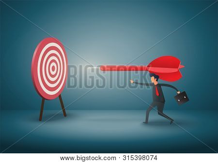 Business Objective And Strategy. Business Concept. Businessman Throwing Dart At Target. Symbol Of Bu