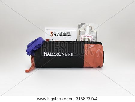 Tillsonburg, On / Canada - July 1 2019 New Naloxone Nasal Delivery Method Of Narcan Distributed By H