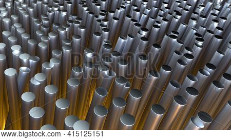 Industrial Landscape From Forest 3d Render Vertical Steel Pipes. Shiny Metallurgy In Various Lengths