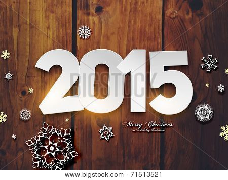 2015 Origami Happy New Year Greeting Card. Wood Background. Paper Snowflakes.