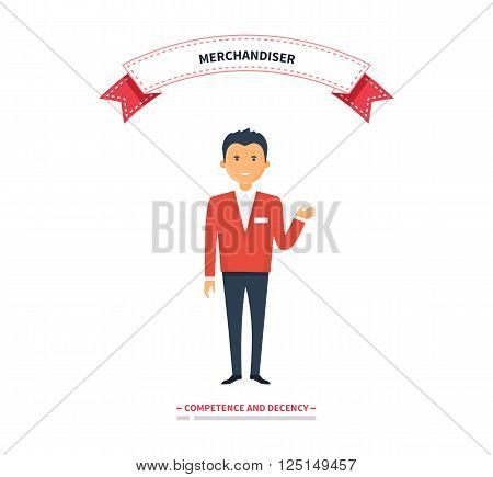 Merchandiser man competence and decency. Merchandiser decency and competence, marketing retail, shopping and promotion, merchandise man, guy merchandiser, business merchandiser store illustration