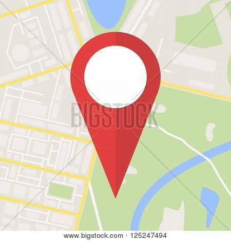 Abstract generic city map with roads, buildings, parks, river. City Map With red Marker pin, Vector illustration in flat design