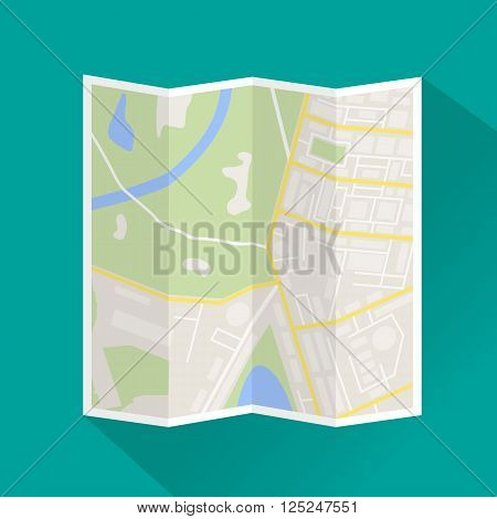 Folded paper city map. Abstract generic city map with roads, buildings, parks, river. City map icon with long shadow. Street map and direction. vector illustration