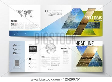 Vector set of tri-fold brochures, square design templates with element of world map and globe. Abstract colorful polygonal background with blurred image on it, modern stylish triangular and hexagonal vector texture.