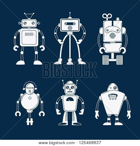 Robot vector icons. White robots pictograms, robot flat images on dark blue background