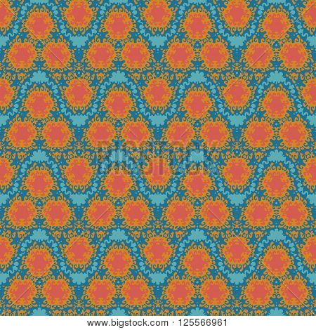 orange wave  squiggles seamless pattern on a gren blue background