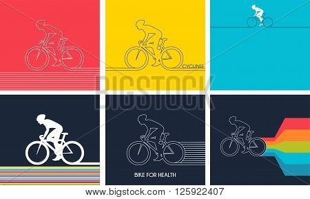 Cyclists on bikes,  icons set isolated on colorful background, vector illustration. People riding bikes. bikers and bicycling. sport and exercise