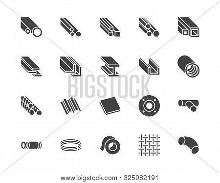 Stainless Steel Flat Glyph Icons Set. Metal Sheet, Coil, Strip, Pipe, Armature Vector Illustrations.