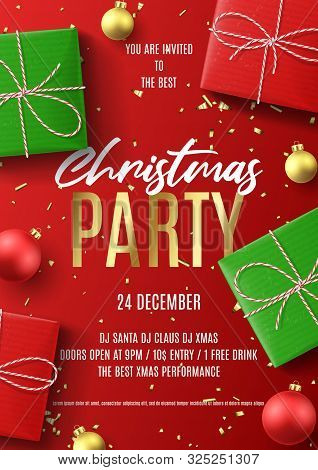 Merry Christmas Party Flyer. Holiday Poster With Realistic Red And Green Gift Boxes, Christmas Red A