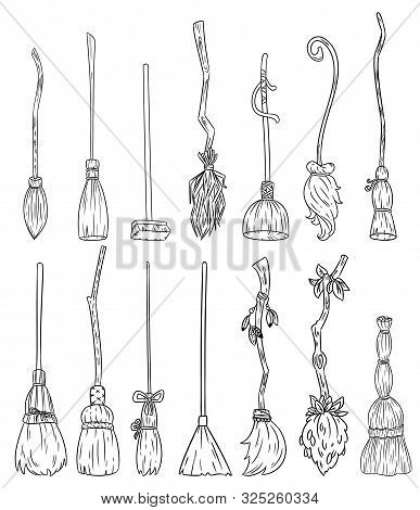 Set Of Cute Broomstick Doodles. Collection Of Happy Halloween Related Icons - Magic Brooms. Cartoon 