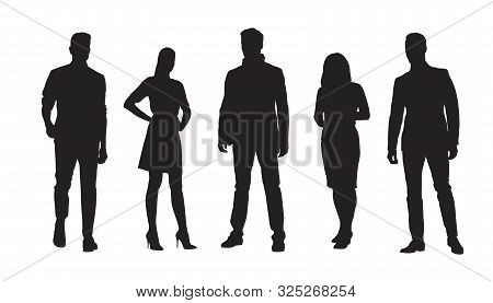 Business People, Group Of Standing Businessmen And Businesswomen. Set Of Isolated Vector Silhouettes