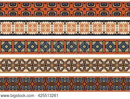 Set Of Five Illustrated Decorative Borders Made Of Abstract Elements In Beige,brown, Red, Gren, Blue