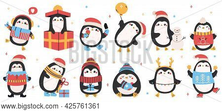 Cute Holiday Penguins. Christmas Hand Drawn Penguins, Xmas Holiday Winter Penguin Characters Isolate