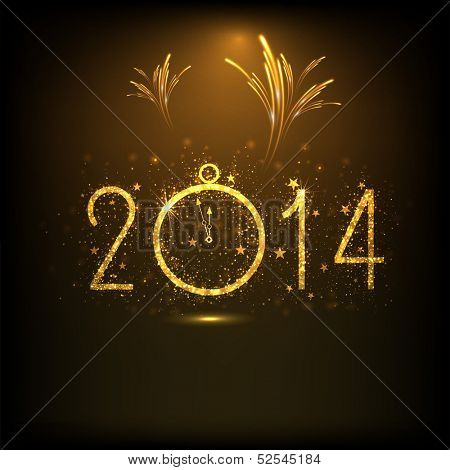 Happy New Year 2014 night celebration concept with golden text, clock and beautiful fireworks in the night. 