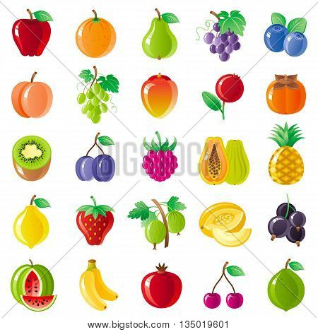 Vegetarian food icon set with organic fruits, vegetables, berries. Macro style icons collection. Apple fruit, papaya icon, watermelon berry, pineapple icon, lemon fruit, kiwi, strawberry, grapes icon