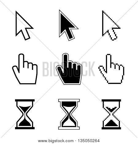 Pixel cursor pointer, hand, arrow, hourglass, click, press vector icons. Cursor symbol, hand arrow cursor icon of set illustration