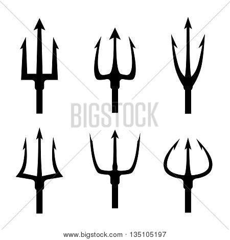 Black trident silhouette vector set. Pitchfork tool object, pitchfork weapon, pitchfork sharp fork illustration