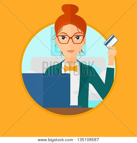 Woman holding a credit card and using laptop for online shopping. Woman shopping online at home. Woman making online payment. Vector flat design illustration in the circle isolated on background.