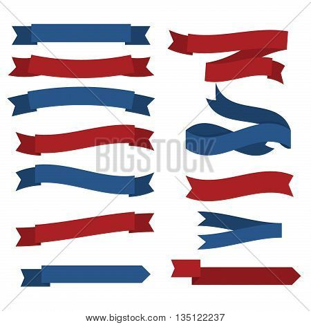 Fourth Of July Ribbons, Shields, Labels And Banners. Collection of July fourth ribbons shield and other badges with banners, labels, ribbons for fourth of july holidays patriotic red and blue event.