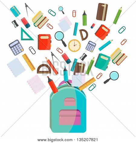 Vector illustration of Back to School supplies. School supplies learning equipment and different school supplies colorful office accessories. Back to school school supplies in school bag big set.