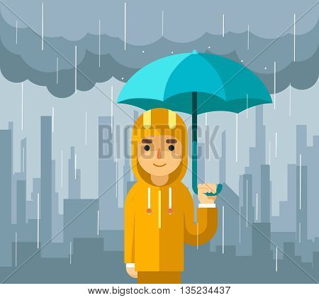 Under rain with umbrella. Man with umbrella standing under rain vector illustration. Rain and umbrella, person with umbrella,  man standing under umbrella