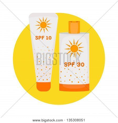 Sunblock cream bottles isolated on yellow background. Summer sunscreen cosmetic container icon. UV SPF skincare tube packaging. UV skin protection concept. Vector illustration.