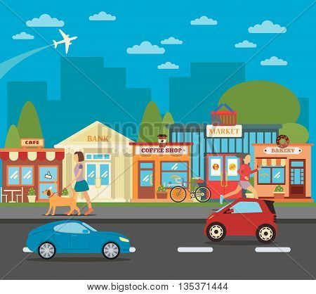 Small Town. Urban Cityscape with Shops, Active People and Cars. Vector illustration