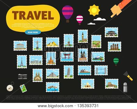 World travel and tourism concept flat vector. Famous world buildings. World travel landmark and famous travel place. Vacation travel architecture in cartoon style. World travel background. Travel banners. Travel background for traveling agency. Travel.