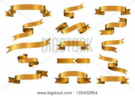 Gold glossy ribbon vector banners set. Ribbon label gold glossy, ribbon curled tag, waving ribbon gold glossy illustration