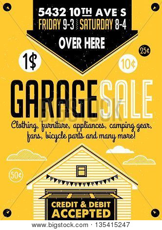 Garage or Yard Sale with signs, box and household items. Vintage printable poster or banner template.