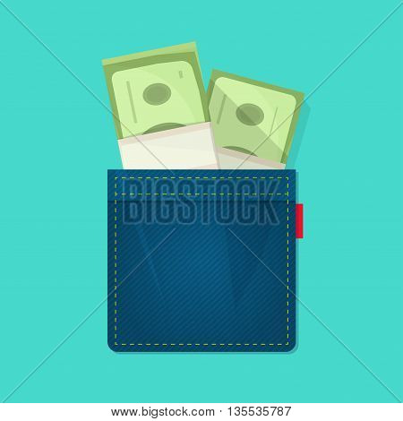 Jeans pocket with pile of paper money, concept of wallet, bag with cash heap, income, benefit, expenses, allowance savings, good success deal flat cartoon modern design vector illustration isolated