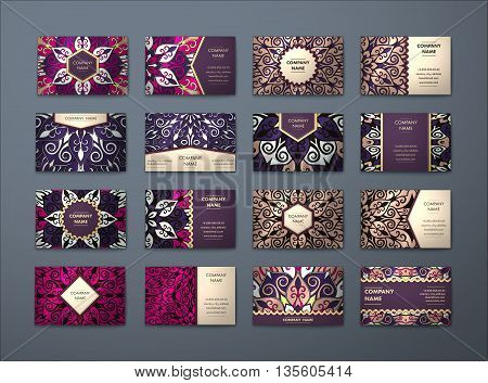 Vector vintage business cards big set. Floral mandala pattern and ornaments. Oriental design Layout. Islam Arabic Indian ottoman motifs. Front page and back page.