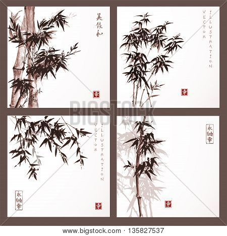 Set of cards with bamboo trees hand drawn with ink in vintage style. Traditional Japanese ink painting sumi-e. Contains hieroglyphs - eternity, freedom, happiness.